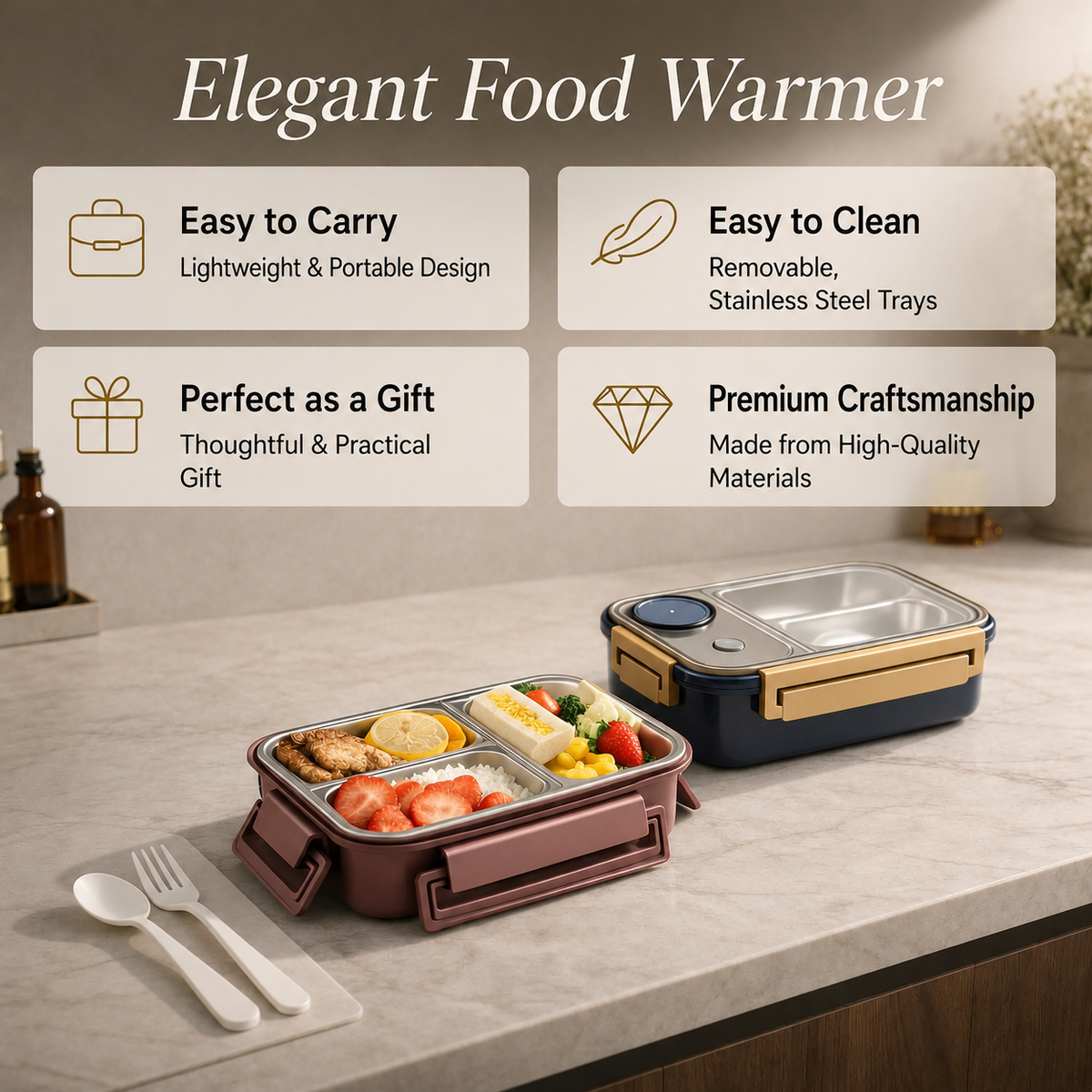 Bentaro | Insulated Lunch Box with Stainless Steel Compartments and Clip Lid
