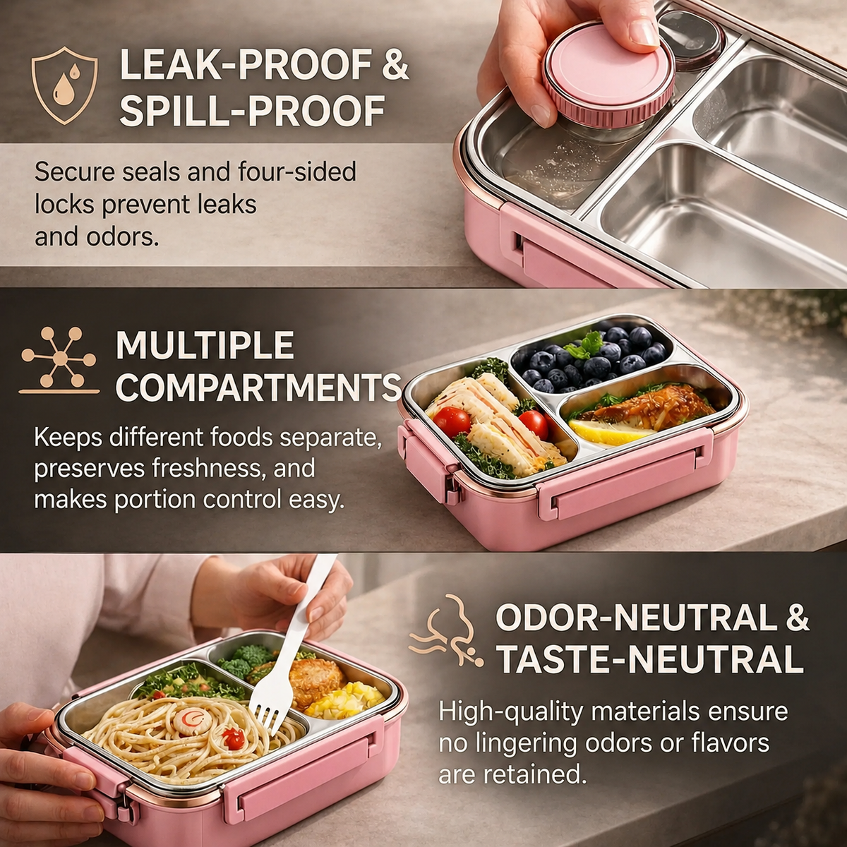 Bentaro | Insulated Lunch Box with Stainless Steel Compartments and Clip Lid