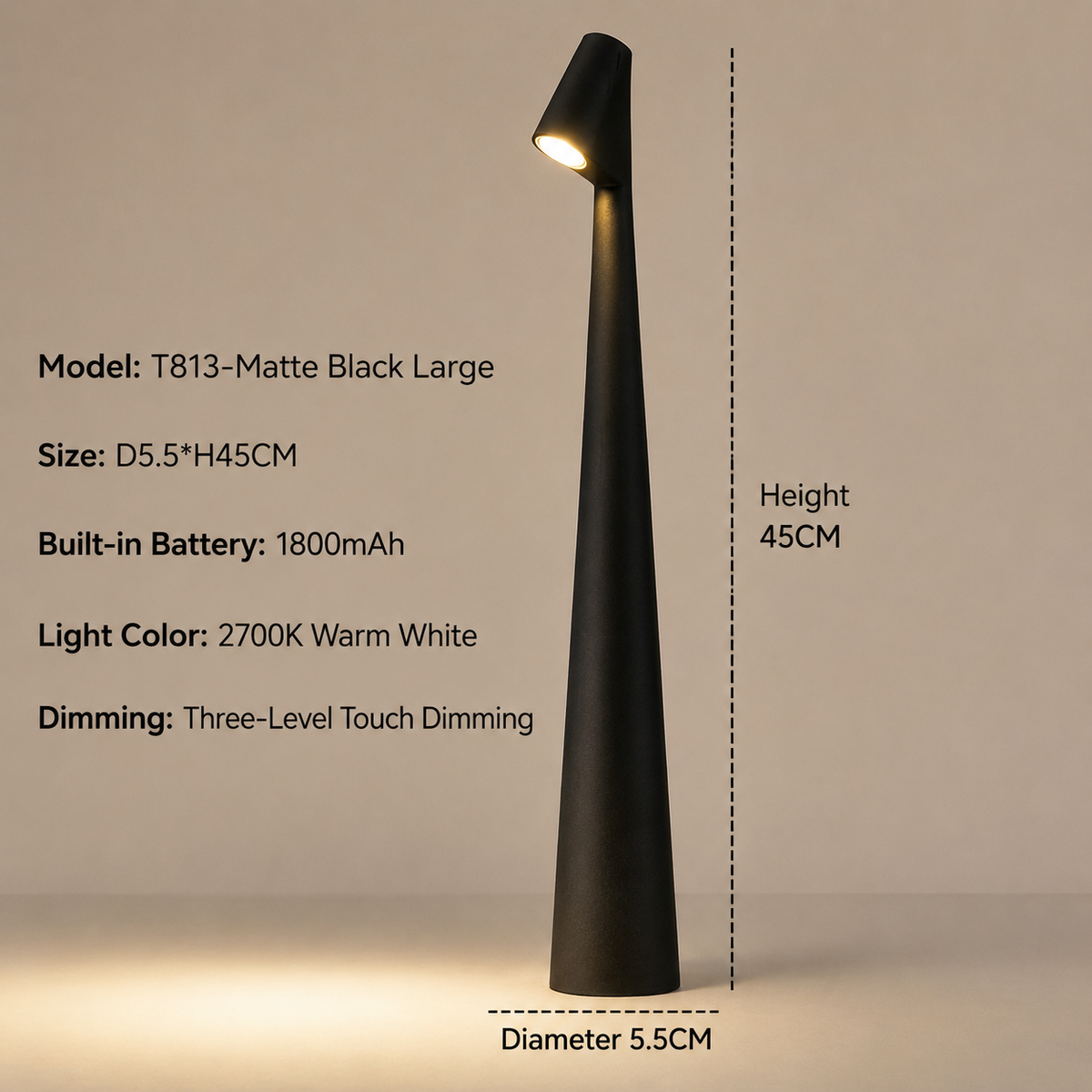 Feneno | Kabellose LED Tischlampe aus Metall mit 3-Stufen Touch-Dimmung