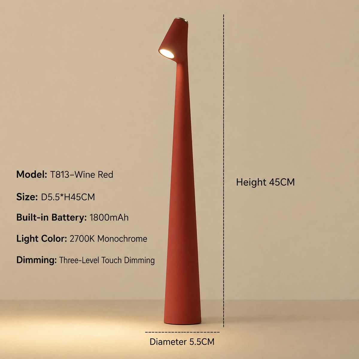Feneno | Kabellose LED Tischlampe aus Metall mit 3-Stufen Touch-Dimmung