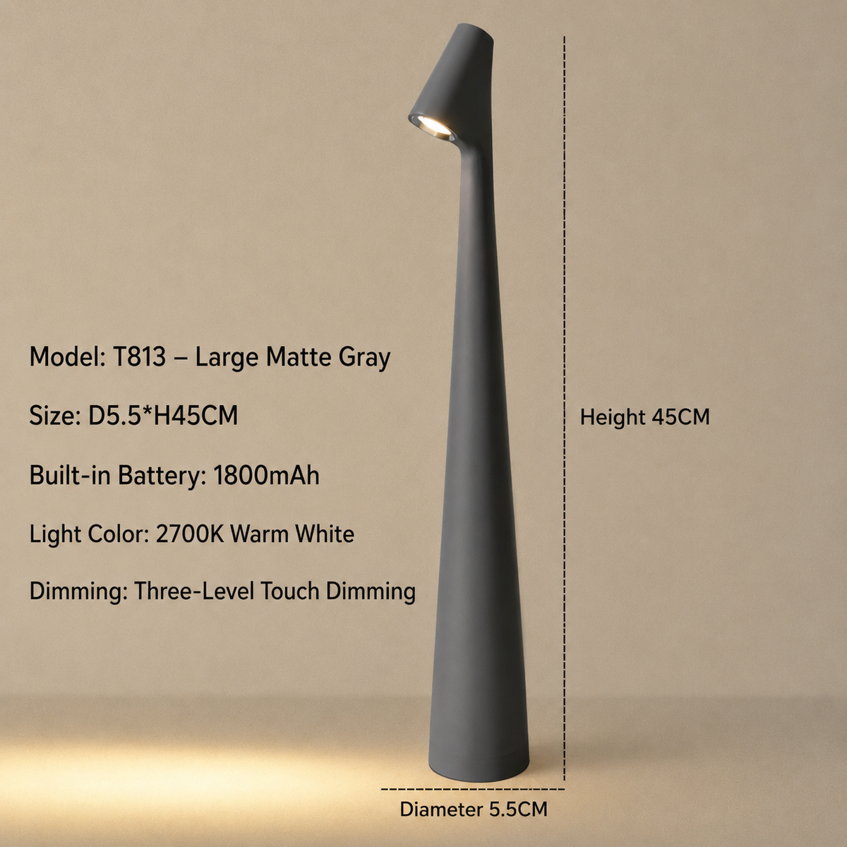 Feneno | Kabellose LED Tischlampe aus Metall mit 3-Stufen Touch-Dimmung
