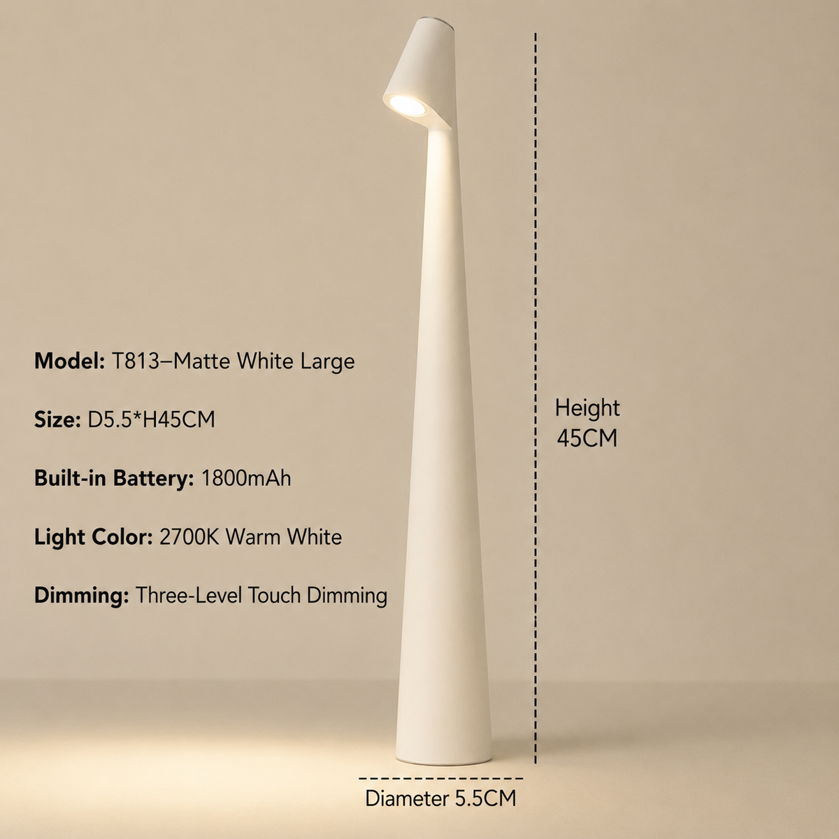 Feneno | Kabellose LED Tischlampe aus Metall mit 3-Stufen Touch-Dimmung