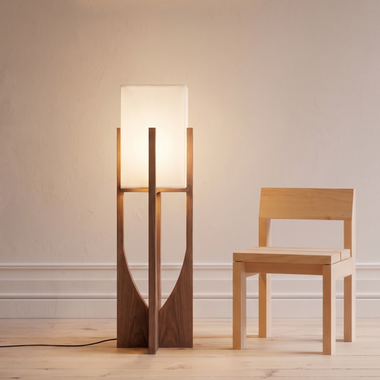Tenvori | Stehlampe mit Stoffschirm und Holzfuß im Wabi-Sabi-Stil, E27