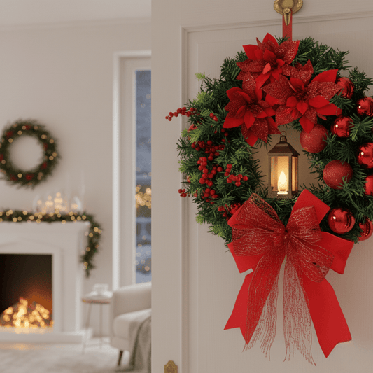 Ornagleam | Corona de Navidad con farol LED y adornos, funciona con pilas