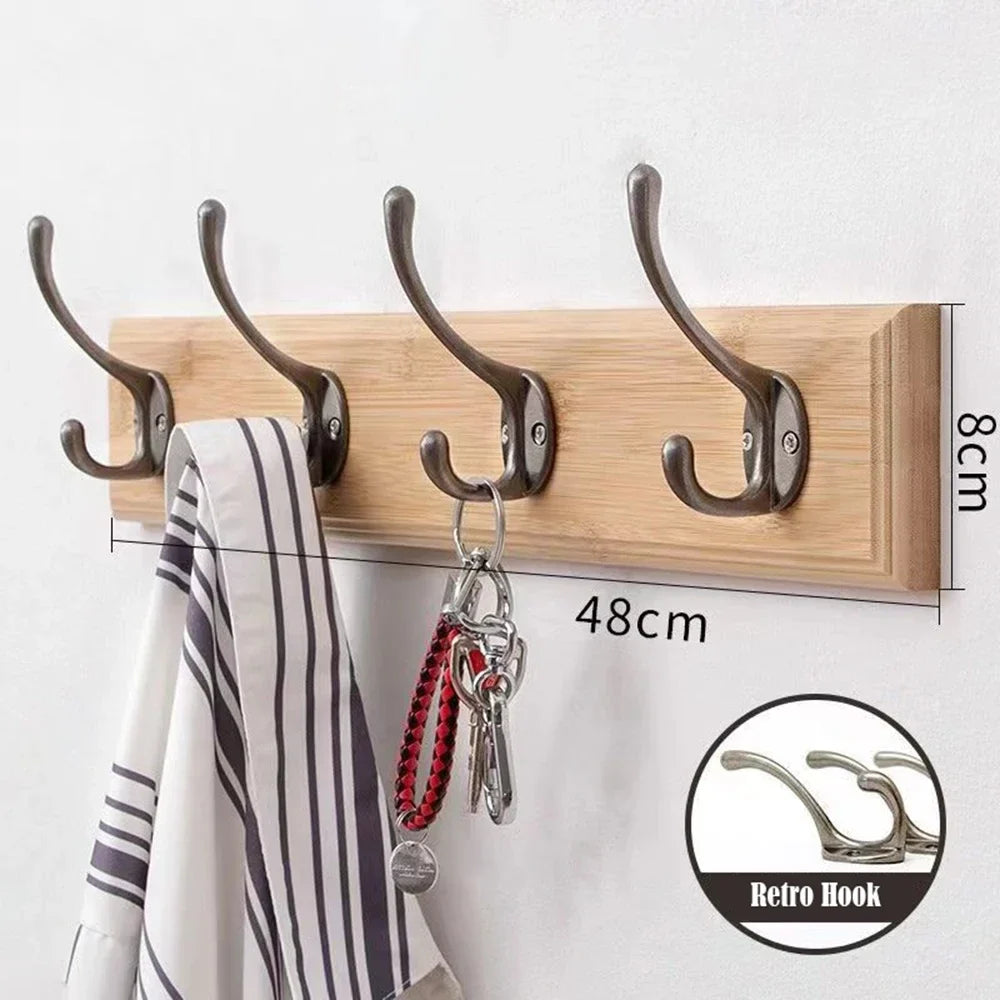 Porte-manteau mural en bois massif avec crochets pour vestes & chapeaux