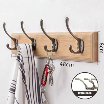 Porte-manteau mural en bois massif avec crochets pour vestes & chapeaux