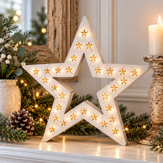 Lysvela | Weihnachtsdeko LED Stern aus weißem Holz, 30 × 28,5 cm, für Fenster & Regal