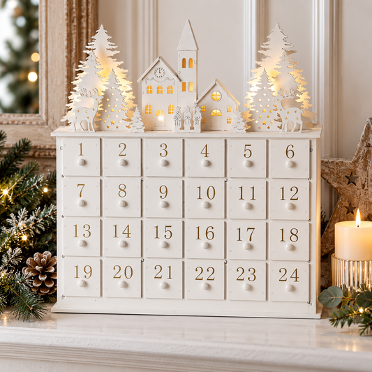 LED Holz Adventskalender mit Schubladen 2026