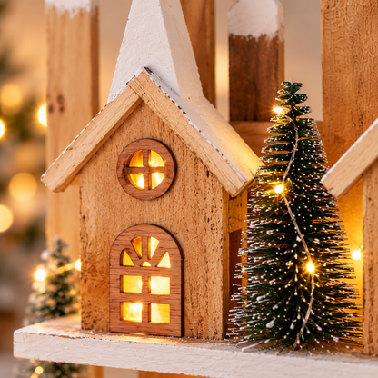 Lindoro | Villaggio natalizio illuminato in legno con LED e timer, 48 cm