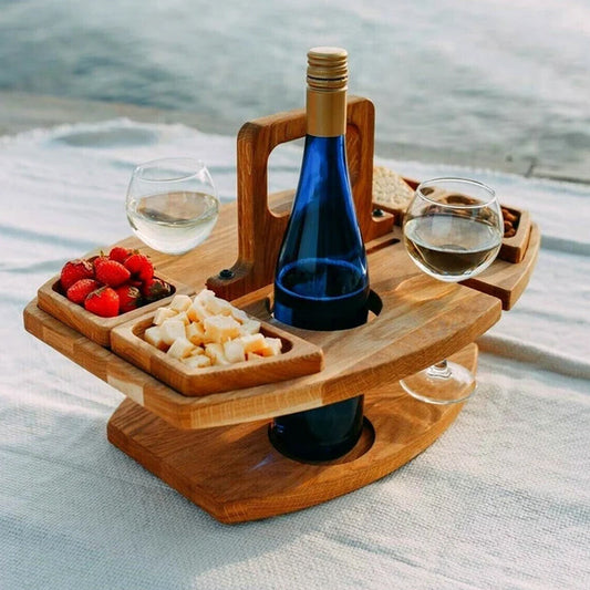 Eleganter tragbarer Weintisch aus Holz in natürlichem Finish, rechteckige Form mit Platz für Flaschen und Gläser, ideal für Pick 0
