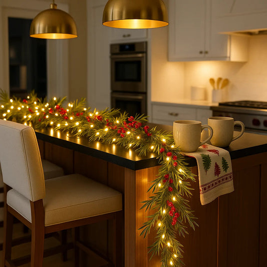 Winterbeergirlande mit Beleuchtung | 1,5 m Weihnachtsgirlande mit Warmweißen LEDs & Roten Beeren