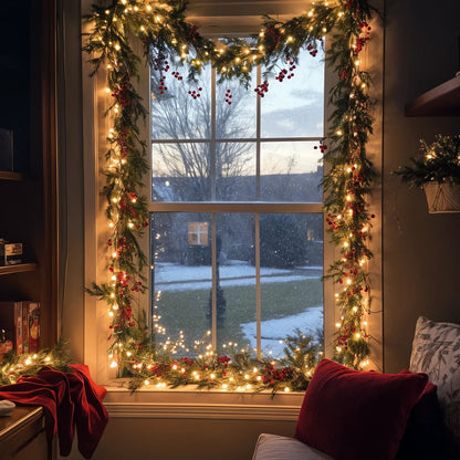 Winterbeergirlande mit Beleuchtung | 1,5 m Weihnachtsgirlande mit Warmweißen LEDs & Roten Beeren