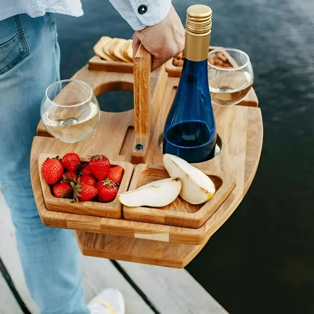 Zorenza | Klappbarer Picknicktisch aus Holz mit Wein- und Snackfächern 2