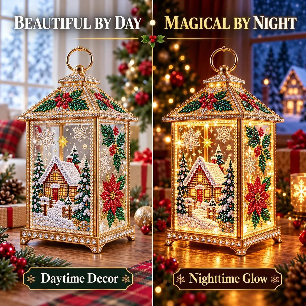 Elvana | Lanterna decorativa natalizia con diamond painting e luce LED