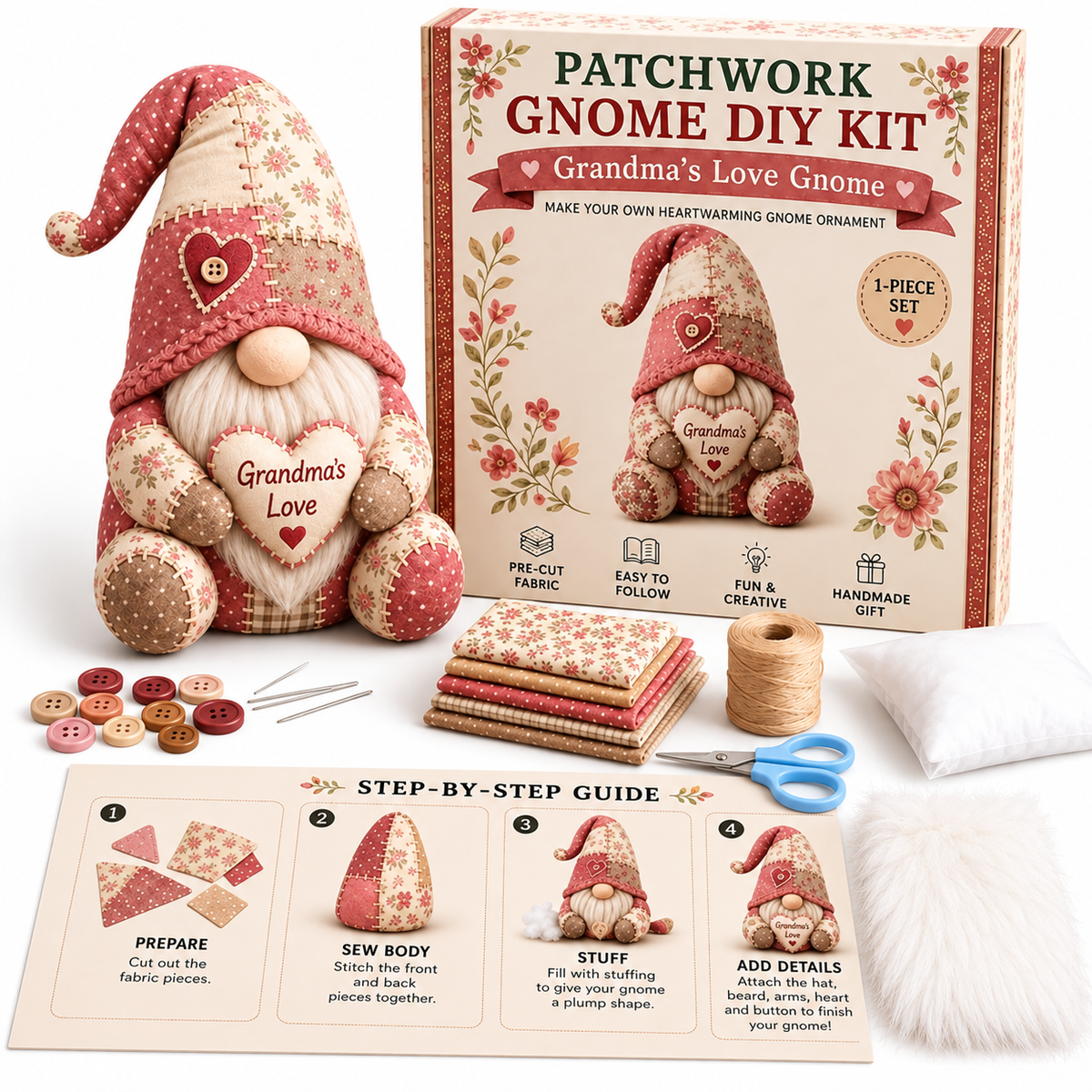 Rosela | Patchwork Wichtel Figur Nähset, Handnähen, ca. 16 cm, 8 Motive