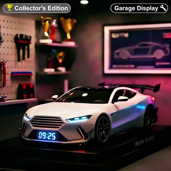 Vroomera | Wecker in Sportwagen-Optik mit Motorsound, LED-Anzeige und Nebeleffekt