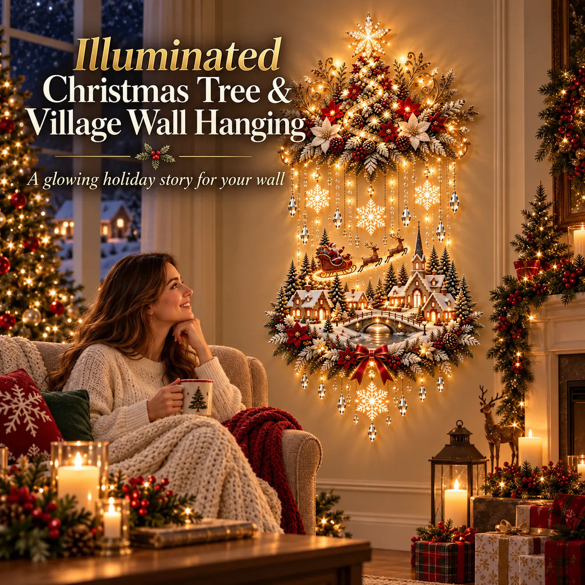 Wintara | Beleuchtete Weihnachtsdeko für die Wand mit Baum und Dorf, 80 cm