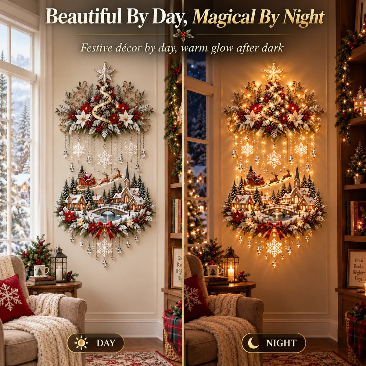 Wintara | Beleuchtete Weihnachtsdeko für die Wand mit Baum und Dorf, 80 cm