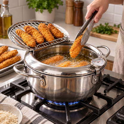 Fritora | Freidora de acero inoxidable con termómetro y rejilla, 2,2 L