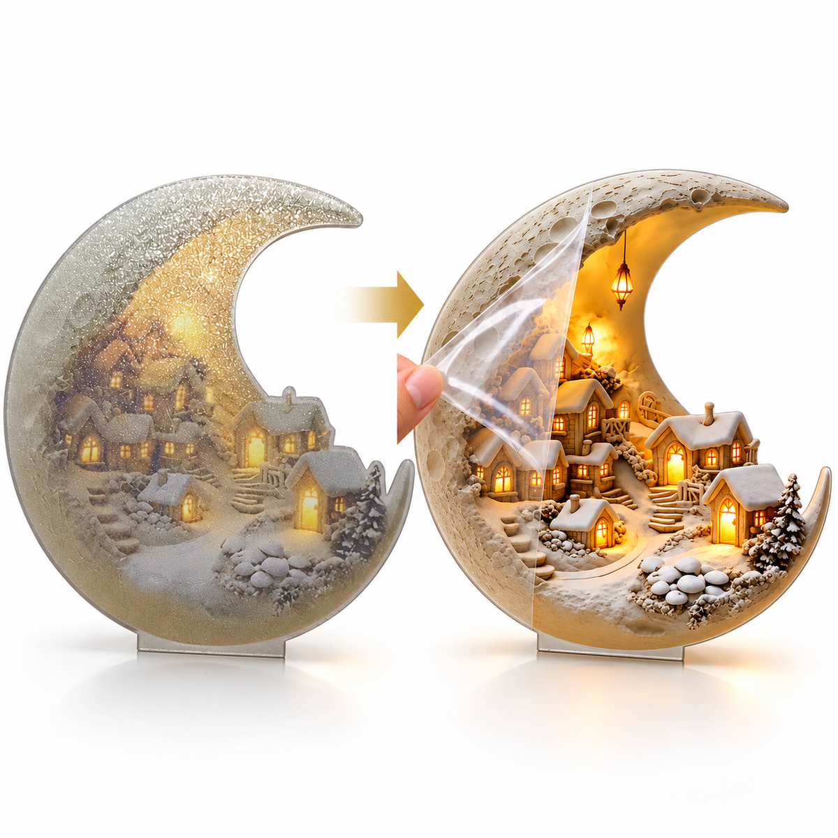 Lunivra | Adorno de pueblo invernal de acrílico, luna creciente 20 × 17 cm