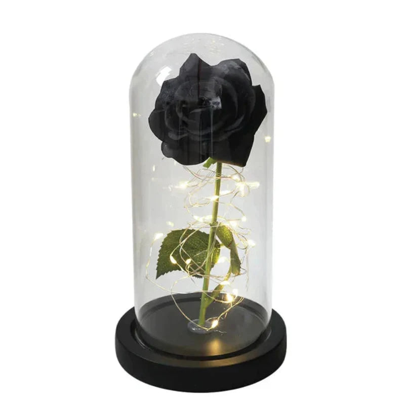 Rosalune | Ewige Rose im Glasdom mit warmweißem LED-Licht und Holzsockel
