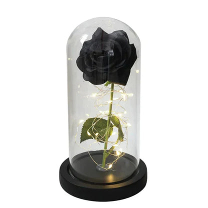 Rosalune | Ewige Rose im Glasdom mit warmweißem LED-Licht und Holzsockel