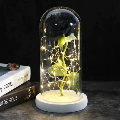 Rosalune | Ewige Rose im Glasdom mit warmweißem LED-Licht und Holzsockel