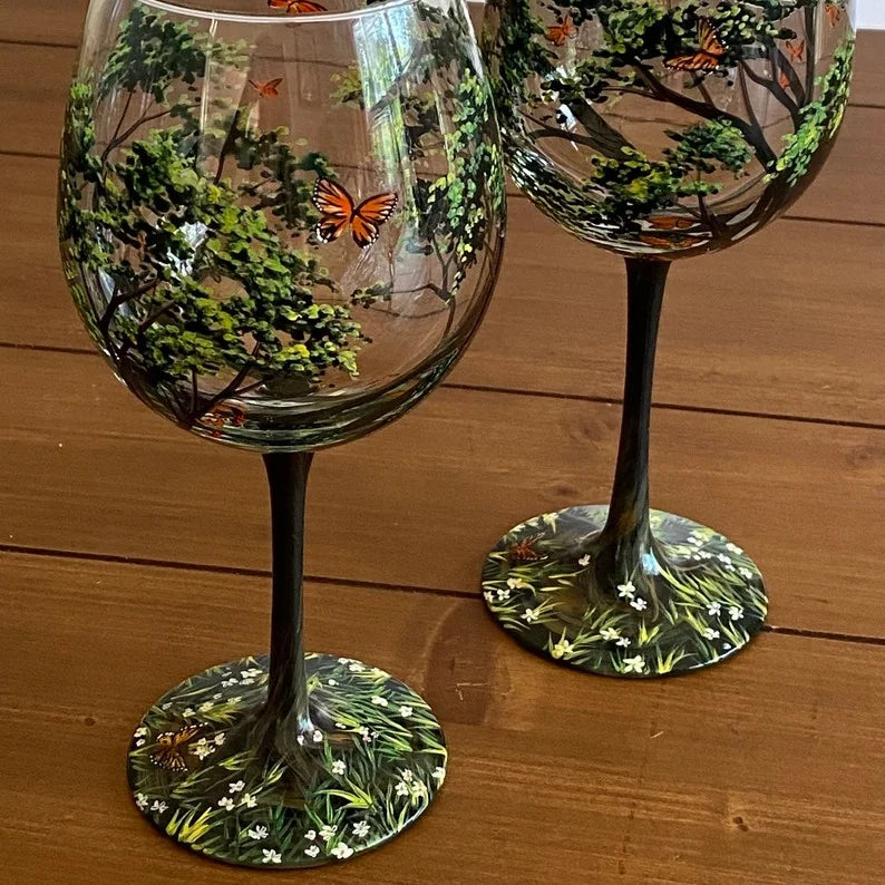 Saisora | Handbemalte Weingläser 4er-Set mit Vier-Jahreszeiten-Baummotiven