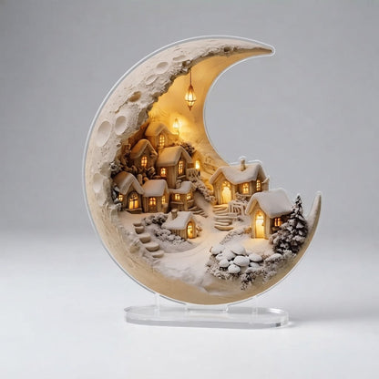 Lunivra | Adorno de pueblo invernal de acrílico, luna creciente 20 × 17 cm