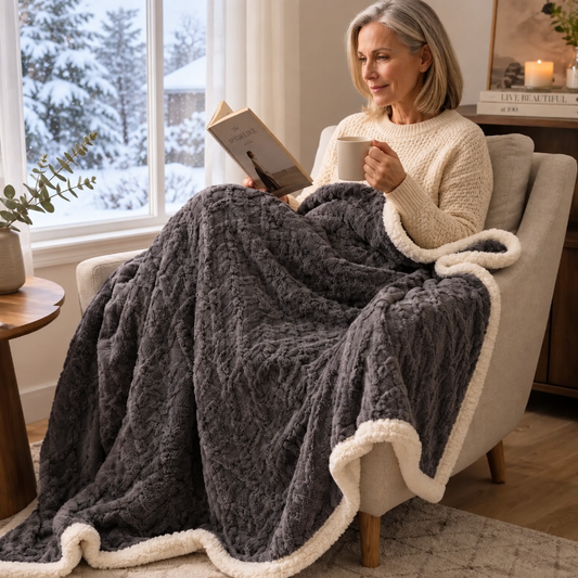 Zopfina | Wendbare Sherpa Kuscheldecke mit Zopfmuster, 100 × 150 bis 200 × 230 cm