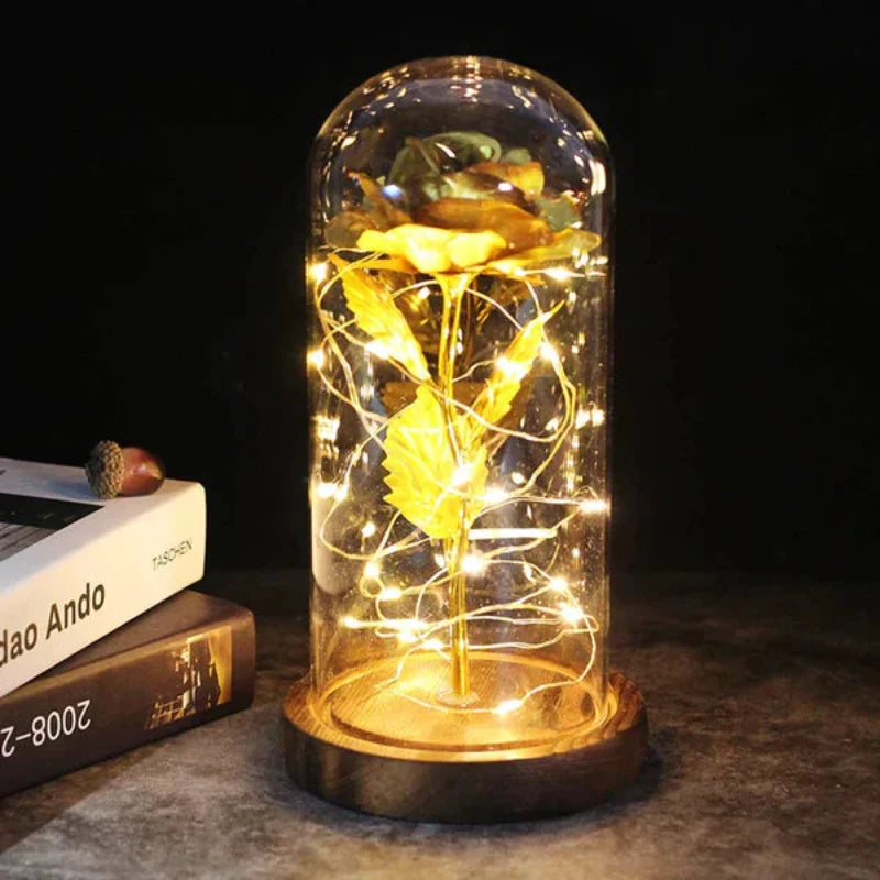 Rosalune | Ewige Rose im Glasdom mit warmweißem LED-Licht und Holzsockel