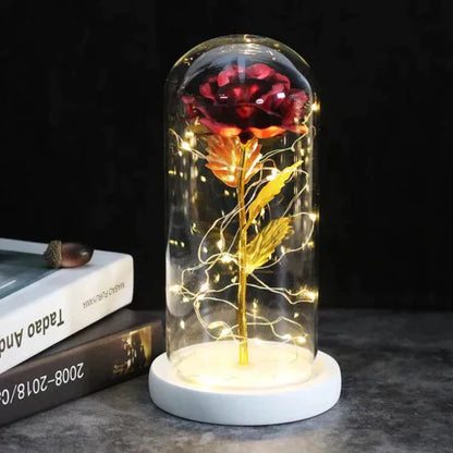 Rosalune | Ewige Rose im Glasdom mit warmweißem LED-Licht und Holzsockel