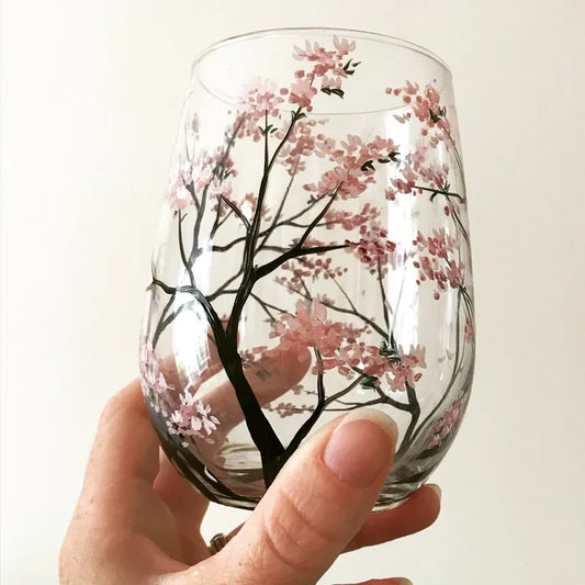 Saisora | Set di 4 calici da vino dipinti a mano con motivi di alberi delle quattro stagioni