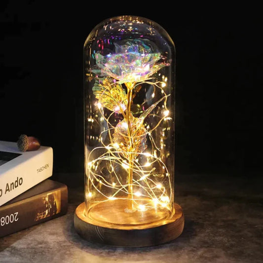 Rosalune | Ewige Rose im Glasdom mit warmweißem LED-Licht und Holzsockel