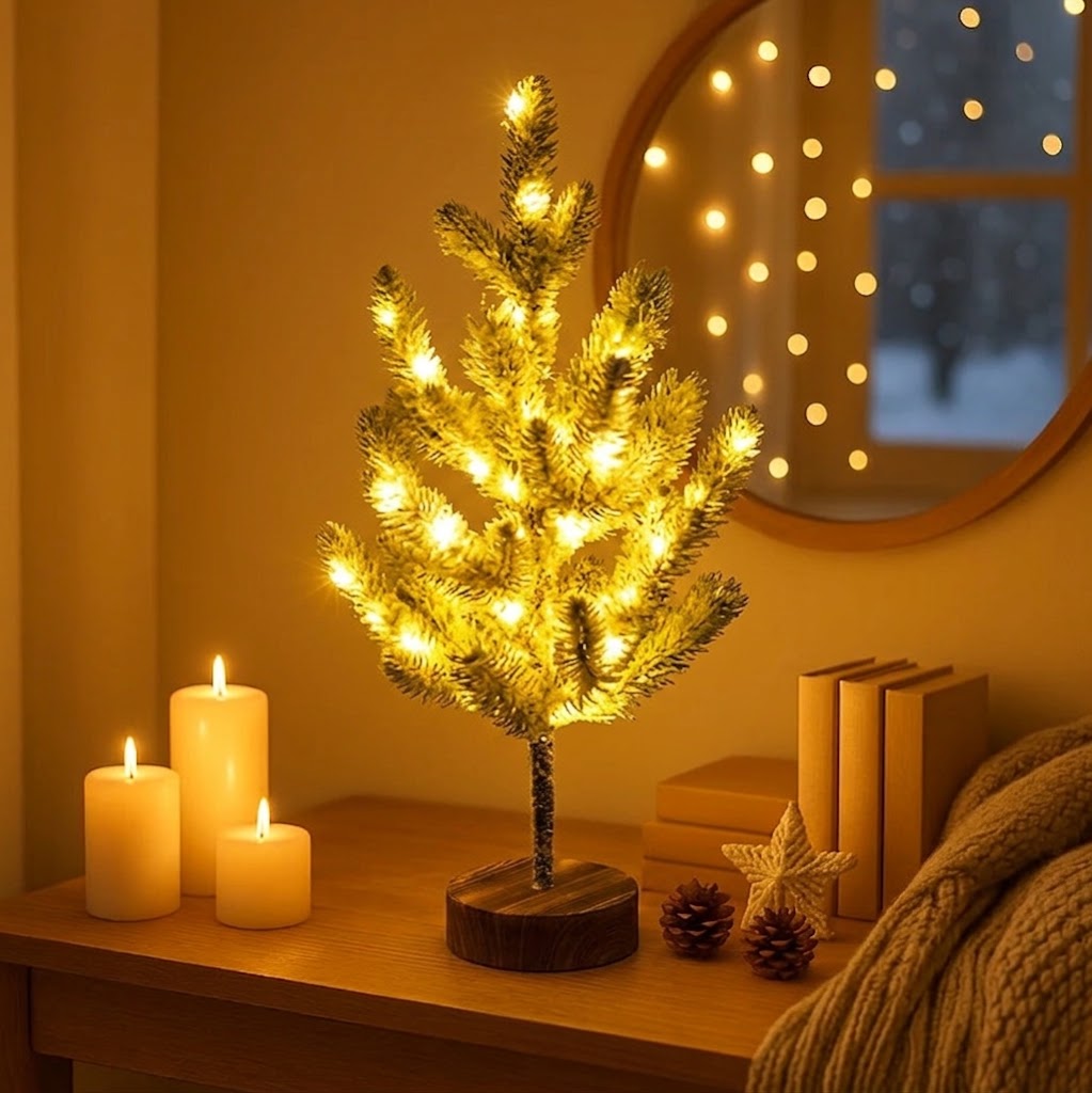 Frosted Winterbaum | Künstlicher Weihnachtsbaum mit Warmweißen LED-Lichtern | Dekobaum 55 cm mit Schneeeffekt
