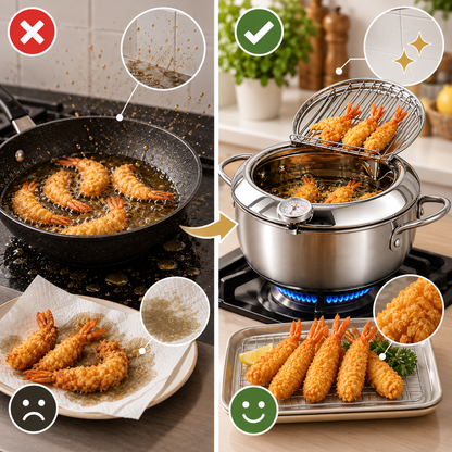 Fritora | Freidora de acero inoxidable con termómetro y rejilla, 2,2 L