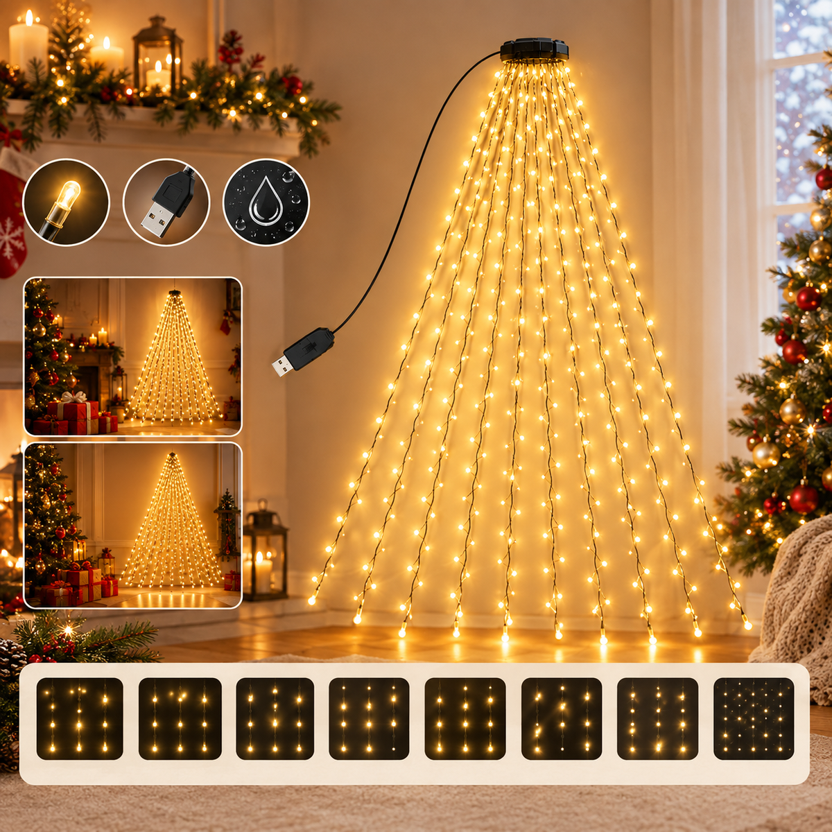 Cascora | Lichterkette Weihnachtsbaum im Wasserfall-Design mit 200 oder 300 LEDs