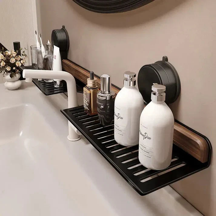 Shelvia | Mensola per lavello con ventosa, in legno di noce e alluminio