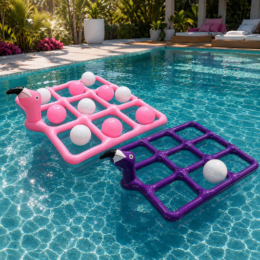 Flamingo Schwimmring mit Tic Tac Toe Spiel | Aufblasbares Poolspiel mit 10 Bällen für Sommer & Familie