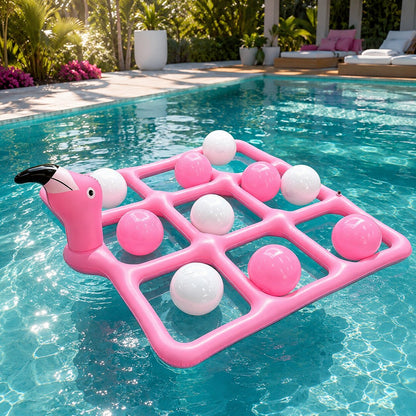 Bouée flamant rose avec jeu de Tic Tac Toe | Jeu gonflable pour piscine avec 10 balles pour l'été et la famille