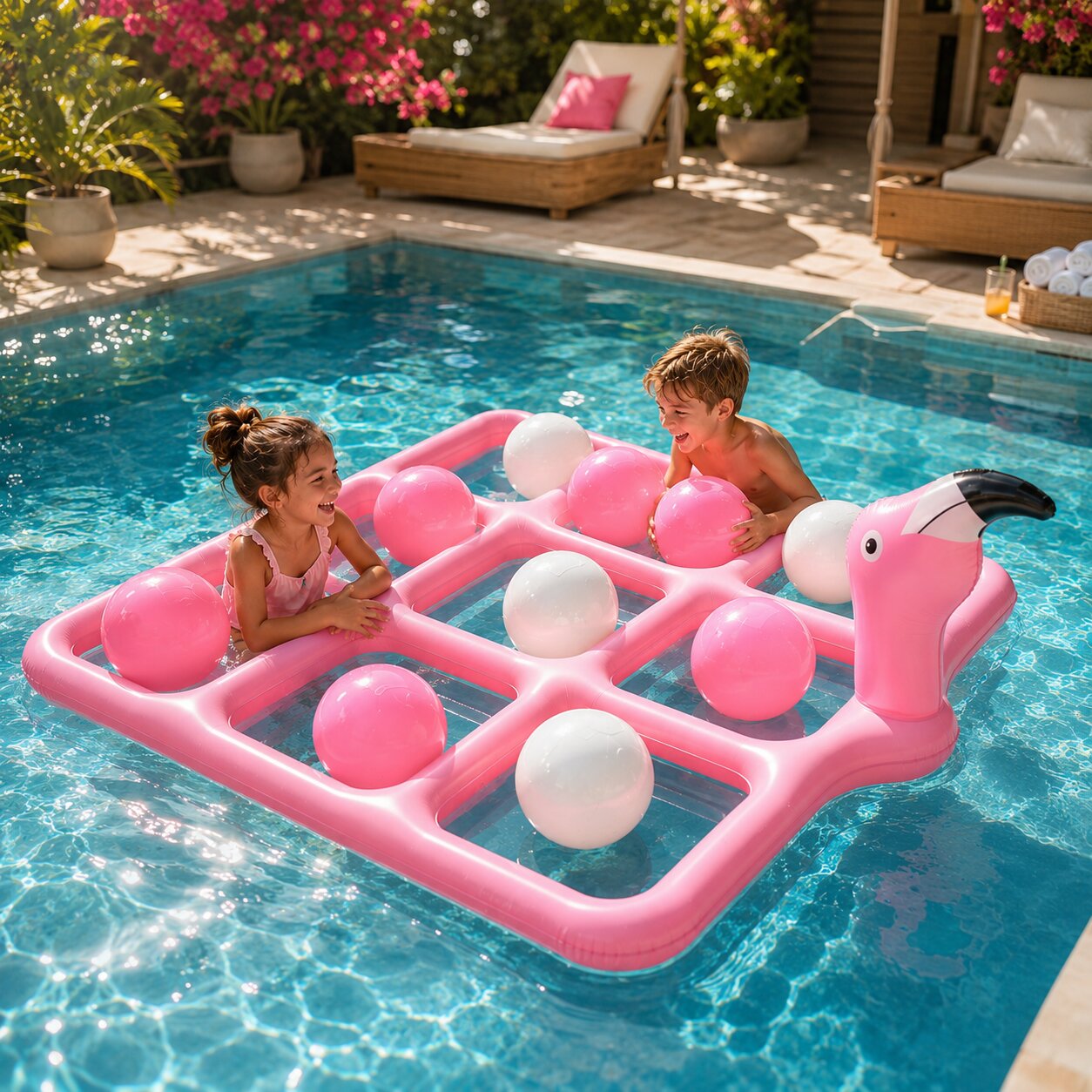 Bouée flamant rose avec jeu de Tic Tac Toe | Jeu gonflable pour piscine avec 10 balles pour l'été et la famille