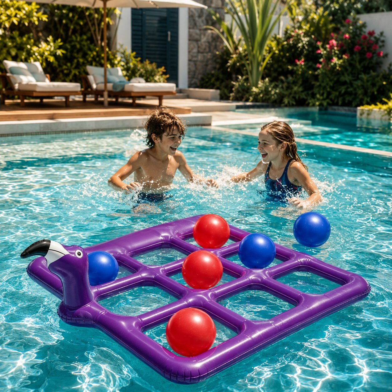 Bouée flamant rose avec jeu de Tic Tac Toe | Jeu gonflable pour piscine avec 10 balles pour l'été et la famille