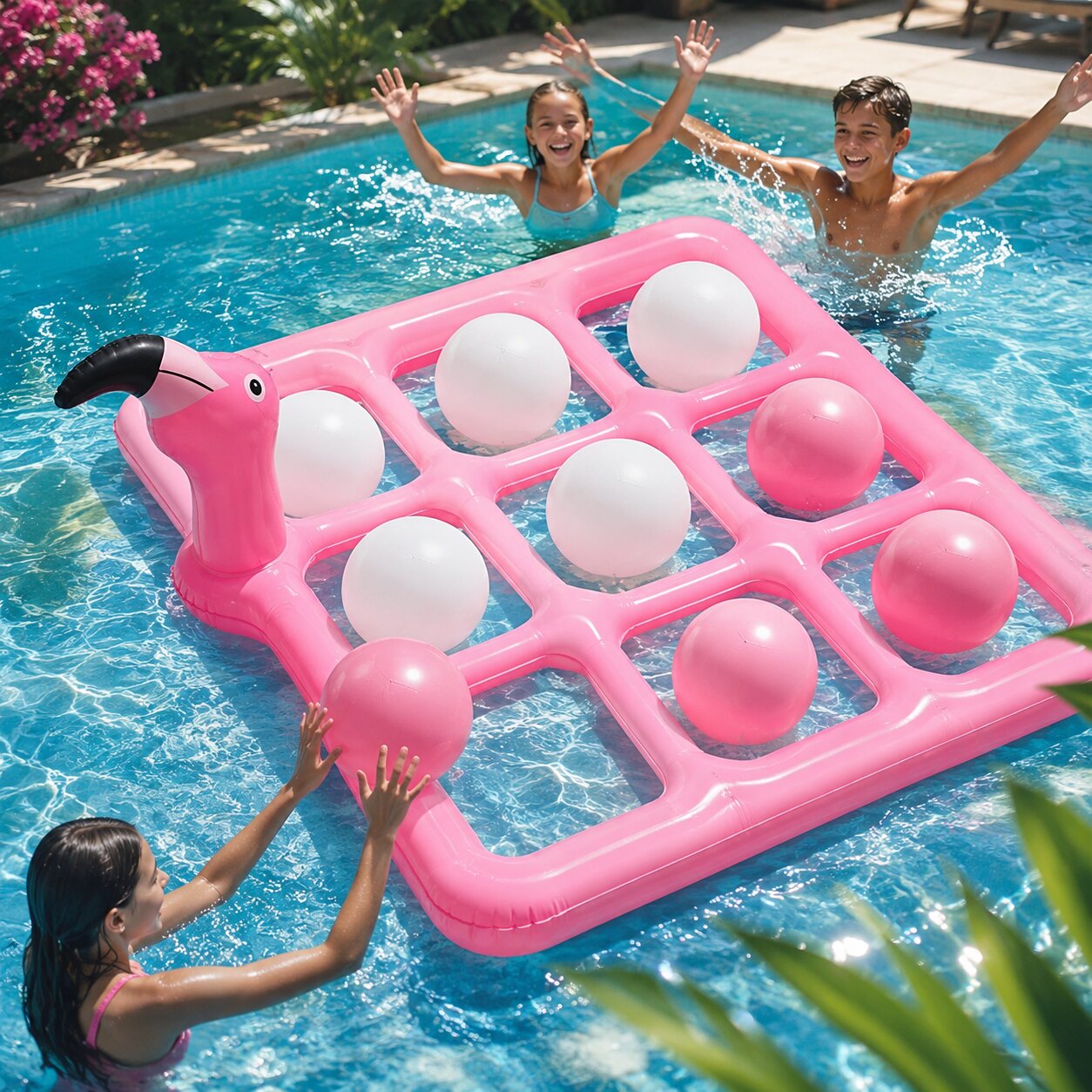 Bouée flamant rose avec jeu de Tic Tac Toe | Jeu gonflable pour piscine avec 10 balles pour l'été et la famille
