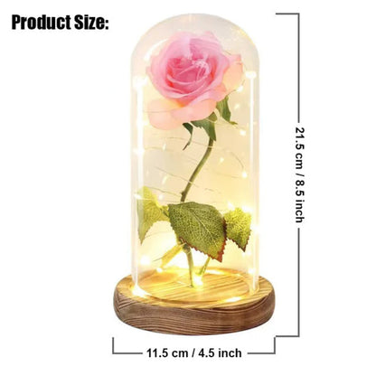 Rosalune | Ewige Rose im Glasdom mit warmweißem LED-Licht und Holzsockel