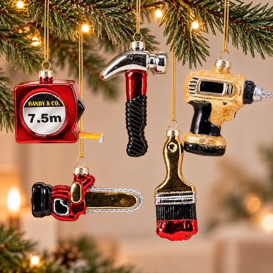 Werkiva | Weihnachtsdeko Christbaumschmuck aus Glas im Werkzeug-Design, 5er Set