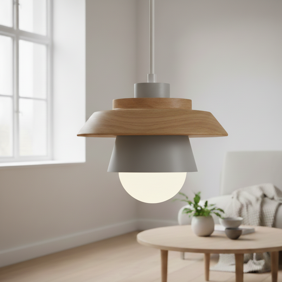 ScandiGlow Lampada a sospensione – Lampada a sospensione LED scandinava in legno e metallo dal design Macaron
