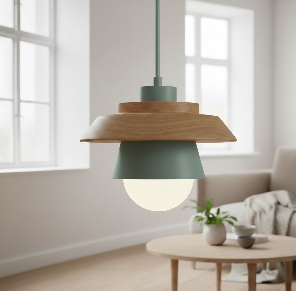 ScandiGlow Lampada a sospensione – Lampada a sospensione LED scandinava in legno e metallo dal design Macaron