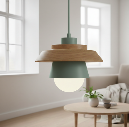 ScandiGlow Lampada a sospensione – Lampada a sospensione LED scandinava in legno e metallo dal design Macaron