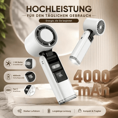 Hand fan with cooling plate & flashlight | Battery fan with 100 speeds, LED display & USB C | CoolGold