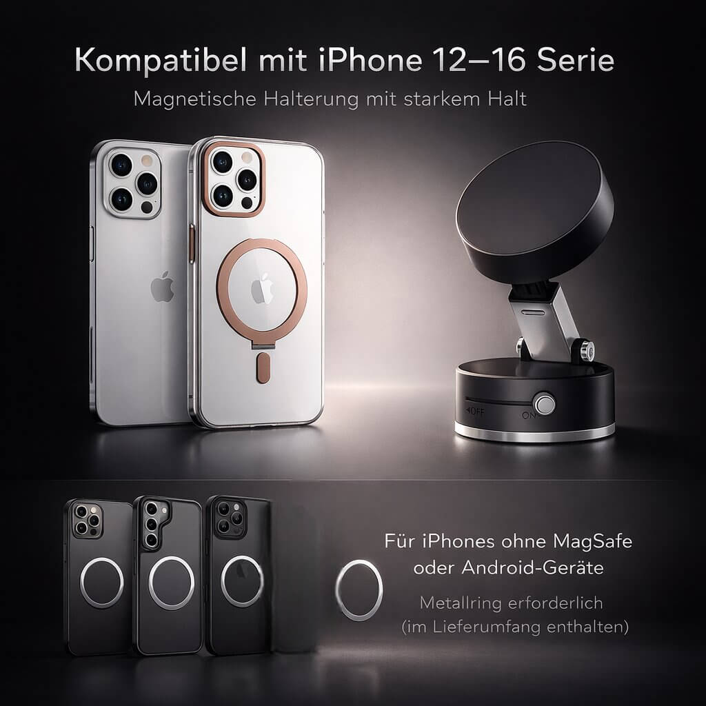 Haftelo | Magnetische Handyhalterung fürs Auto mit Vakuum-Saugnapf, 360° drehbar